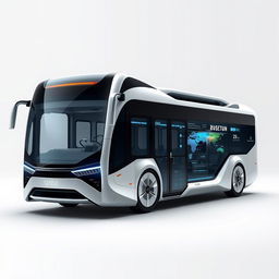 A concept design of a futuristic bus from the year 2050, featuring a revolutionary design with smooth, aerodynamic lines and a state-of-the-art exterior