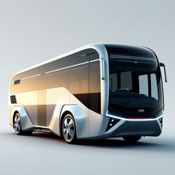 A concept design of a futuristic bus from the year 2050, featuring a revolutionary design with smooth, aerodynamic lines and a state-of-the-art exterior