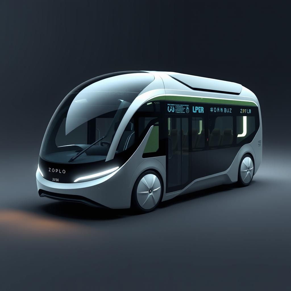 A concept design of a futuristic bus from the year 2050, featuring a revolutionary design with smooth, aerodynamic lines and a state-of-the-art exterior