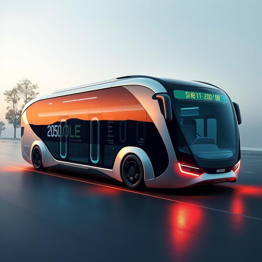 A concept design of a futuristic bus from the year 2050, featuring a revolutionary design with smooth, aerodynamic lines and a state-of-the-art exterior