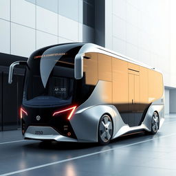 A concept design of a futuristic bus from the year 2050, featuring a revolutionary design with smooth, aerodynamic lines and a state-of-the-art exterior