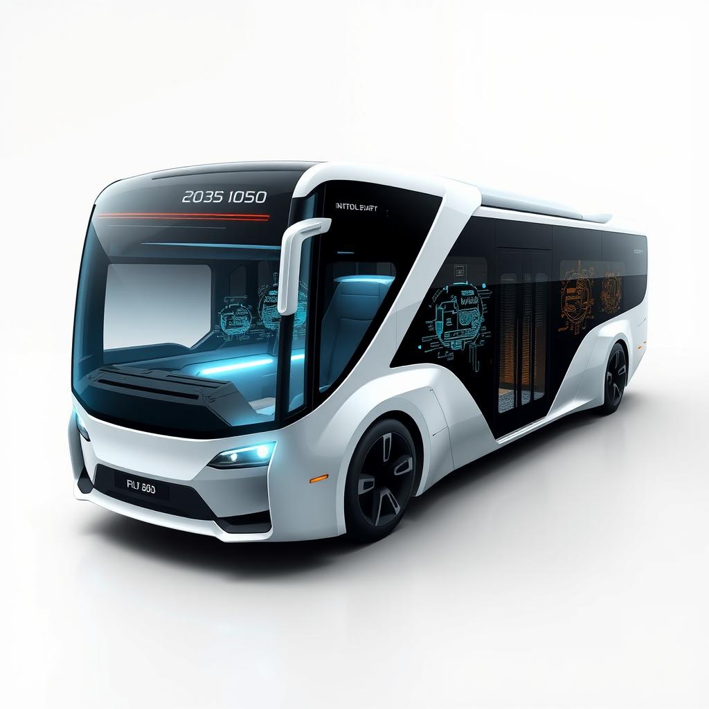 A concept design of a futuristic bus from the year 2050, featuring a revolutionary design with smooth, aerodynamic lines and a state-of-the-art exterior