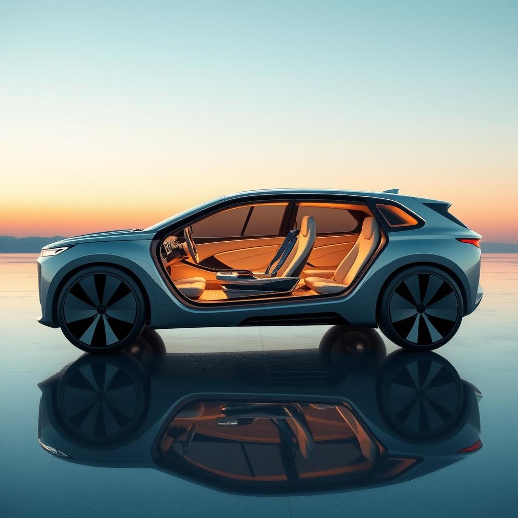 A futuristic business class SUV from the year 2050, showcasing a luxurious and innovative design