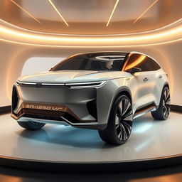 A futuristic business class SUV from the year 2050, showcasing a luxurious and innovative design