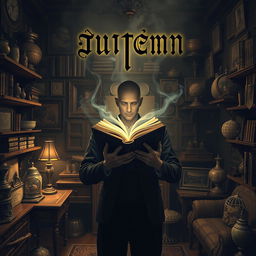 A faceless man standing in a quaint room filled with curiosities, holding a magical book