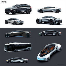 A series of concept designs for futuristic vehicles from the year 2050, showcasing a diverse range of transportation modes