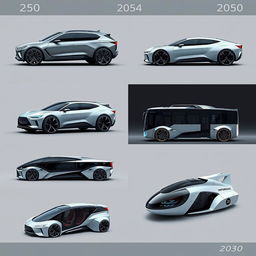 A series of concept designs for futuristic vehicles from the year 2050, showcasing a diverse range of transportation modes