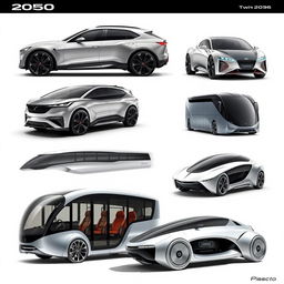 A series of concept designs for futuristic vehicles from the year 2050, showcasing a diverse range of transportation modes