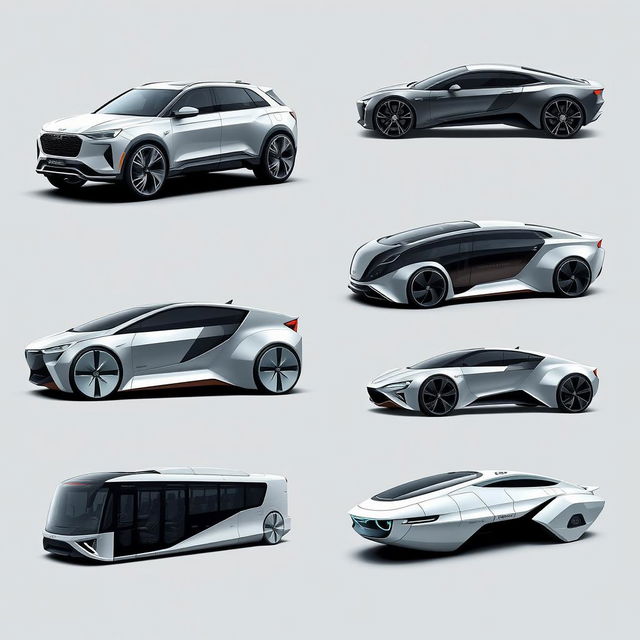 A series of concept designs for futuristic vehicles from the year 2050, showcasing a diverse range of transportation modes