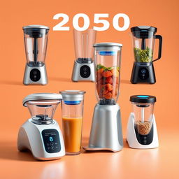 A collection of futuristic blenders designed for the year 2050, featuring cutting-edge technology and innovative aesthetics