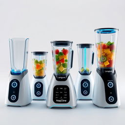 A collection of futuristic blenders designed for the year 2050, featuring cutting-edge technology and innovative aesthetics