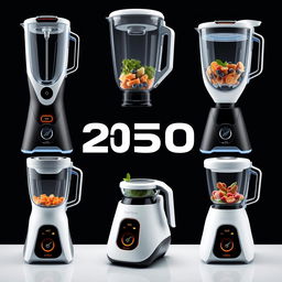 A collection of futuristic blenders designed for the year 2050, featuring cutting-edge technology and innovative aesthetics