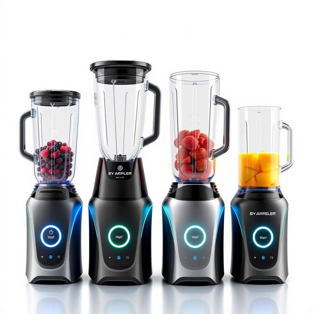 A collection of futuristic blenders designed for the year 2050, featuring cutting-edge technology and innovative aesthetics