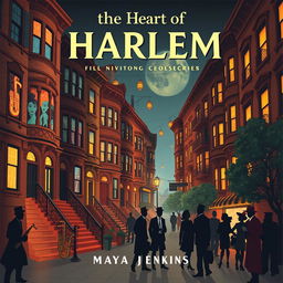 Design a vibrant book cover for "The Heart of Harlem" by Maya Jenkins, focusing on a stylized illustration of the Harlem neighborhood