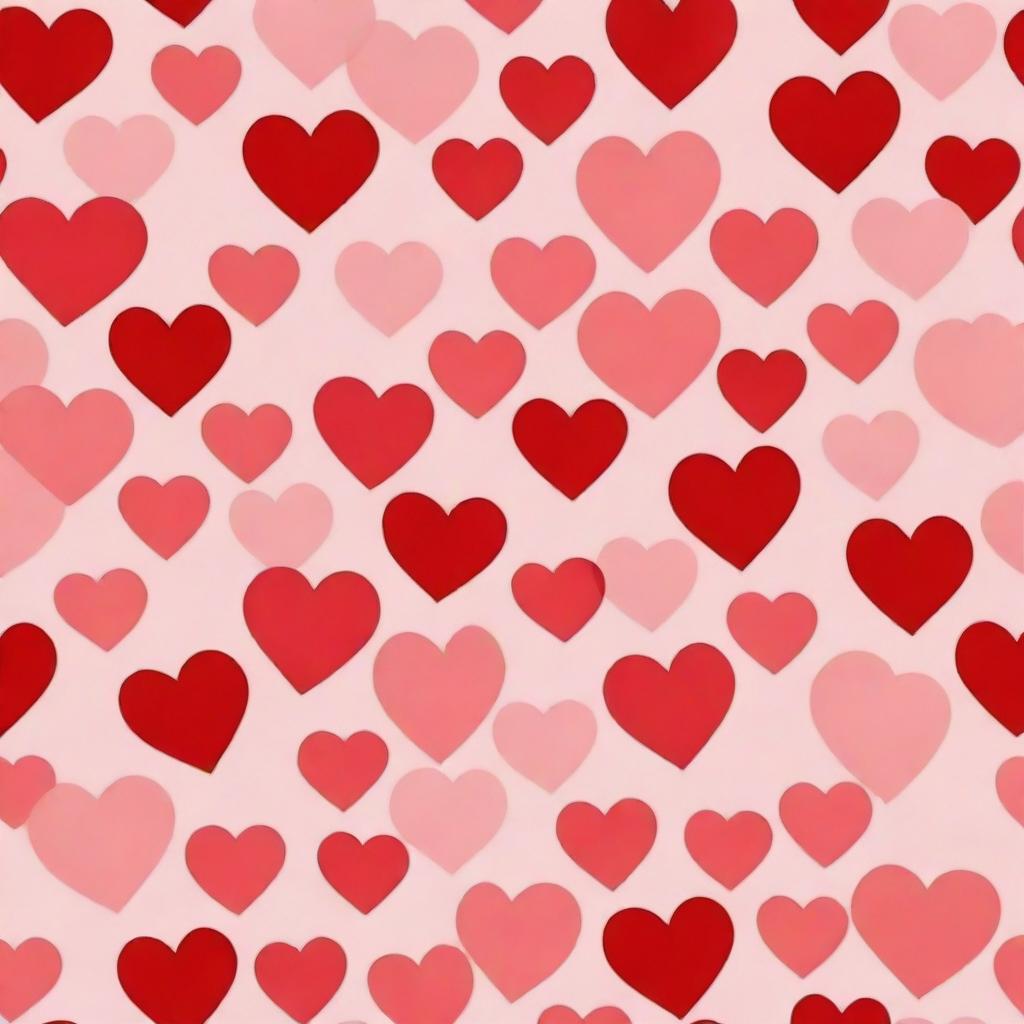 A seamless pattern of hearts in shades of vibrant red and soft pink