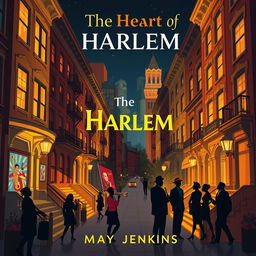 Design a vibrant book cover for "The Heart of Harlem" by Maya Jenkins, focusing on a stylized illustration of the Harlem neighborhood