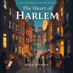 Design a vibrant book cover for "The Heart of Harlem" by Maya Jenkins, focusing on a stylized illustration of the Harlem neighborhood