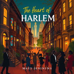Design a vibrant book cover for "The Heart of Harlem" by Maya Jenkins, focusing on a stylized illustration of the Harlem neighborhood