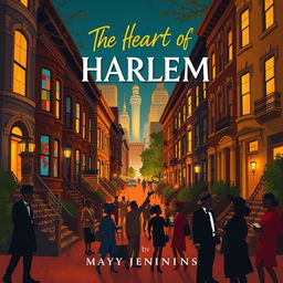 Design a vibrant book cover for "The Heart of Harlem" by Maya Jenkins, focusing on a stylized illustration of the Harlem neighborhood