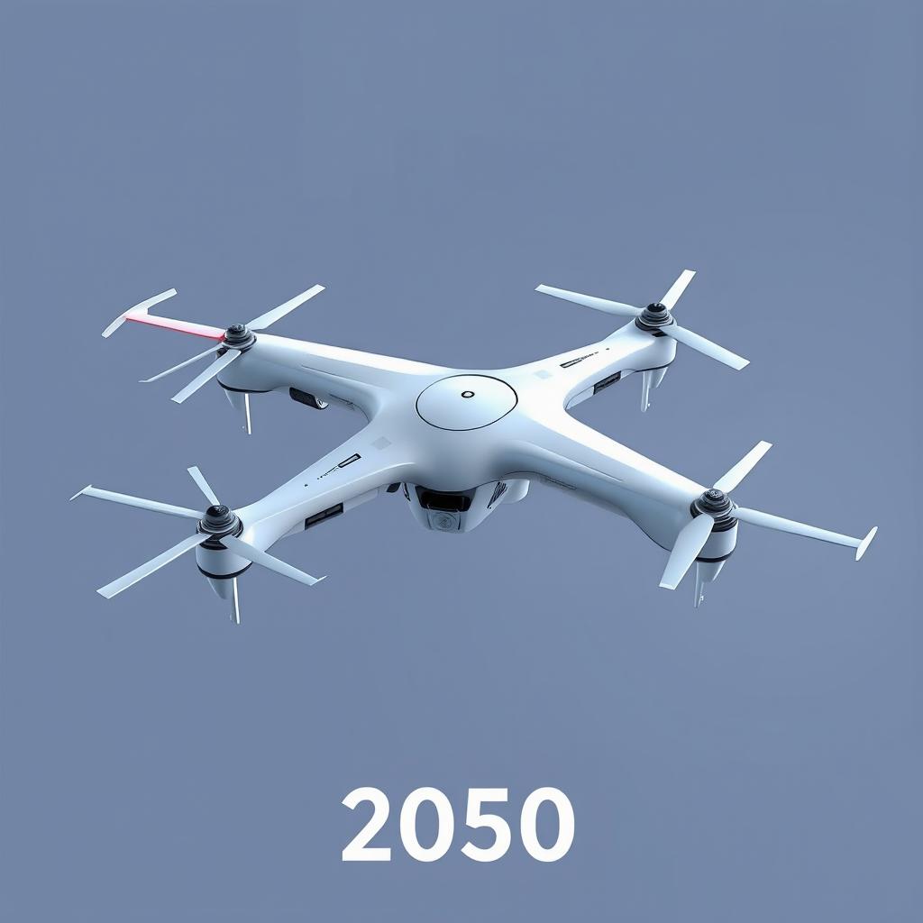 Design of a futuristic drone from the year 2050, featuring advanced technology and sleek aesthetics