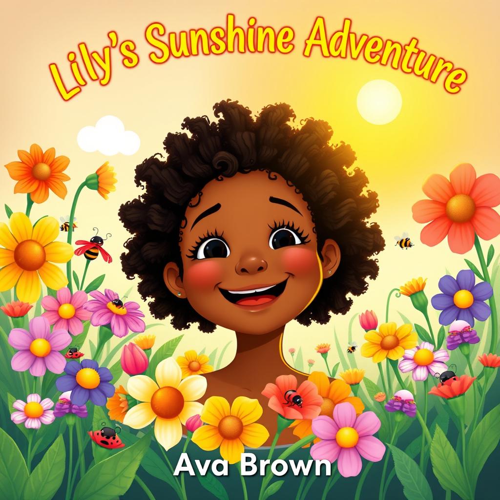Create a whimsical book cover for "Lily's Sunshine Adventure" by Ava Brown, featuring a joyful young African American girl with an exuberant smile
