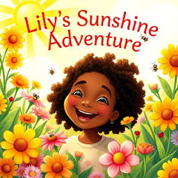 Create a whimsical book cover for "Lily's Sunshine Adventure" by Ava Brown, featuring a joyful young African American girl with an exuberant smile