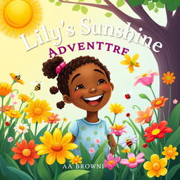 Create a whimsical book cover for "Lily's Sunshine Adventure" by Ava Brown, featuring a joyful young African American girl with an exuberant smile