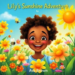 Create a whimsical book cover for "Lily's Sunshine Adventure" by Ava Brown, featuring a joyful young African American girl with an exuberant smile