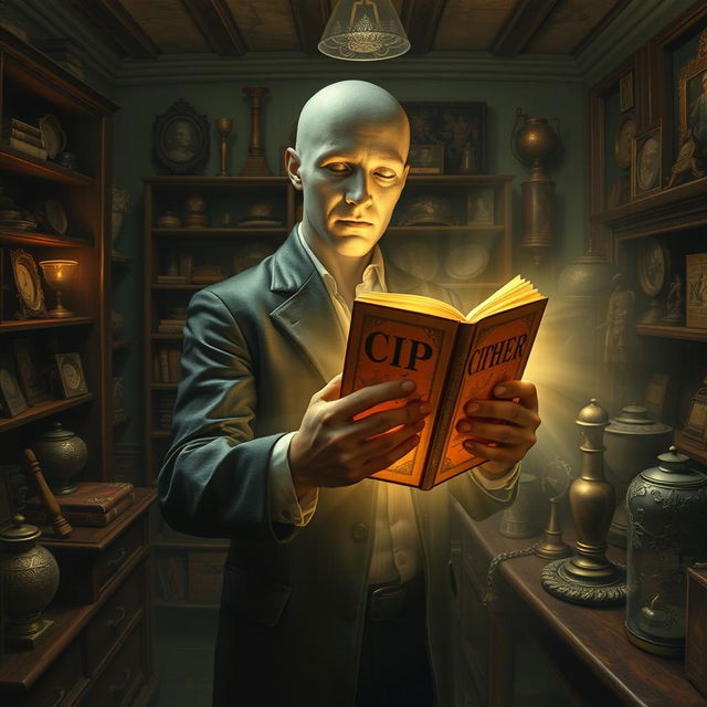 A mysterious faceless man stands in a quaint room filled with curiosities, gently holding a magical book that glows enchantingly