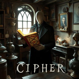 A mysterious faceless man stands in a quaint room filled with curiosities, gently holding a magical book that glows enchantingly