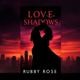 Design a moody book cover for "Love in the Shadows" by Ruby Rose, featuring the silhouette of a couple locked in a passionate embrace