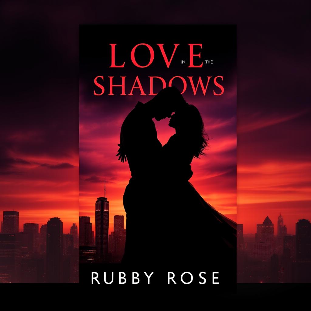Design a moody book cover for "Love in the Shadows" by Ruby Rose, featuring the silhouette of a couple locked in a passionate embrace