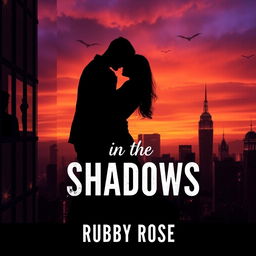 Design a moody book cover for "Love in the Shadows" by Ruby Rose, featuring the silhouette of a couple locked in a passionate embrace