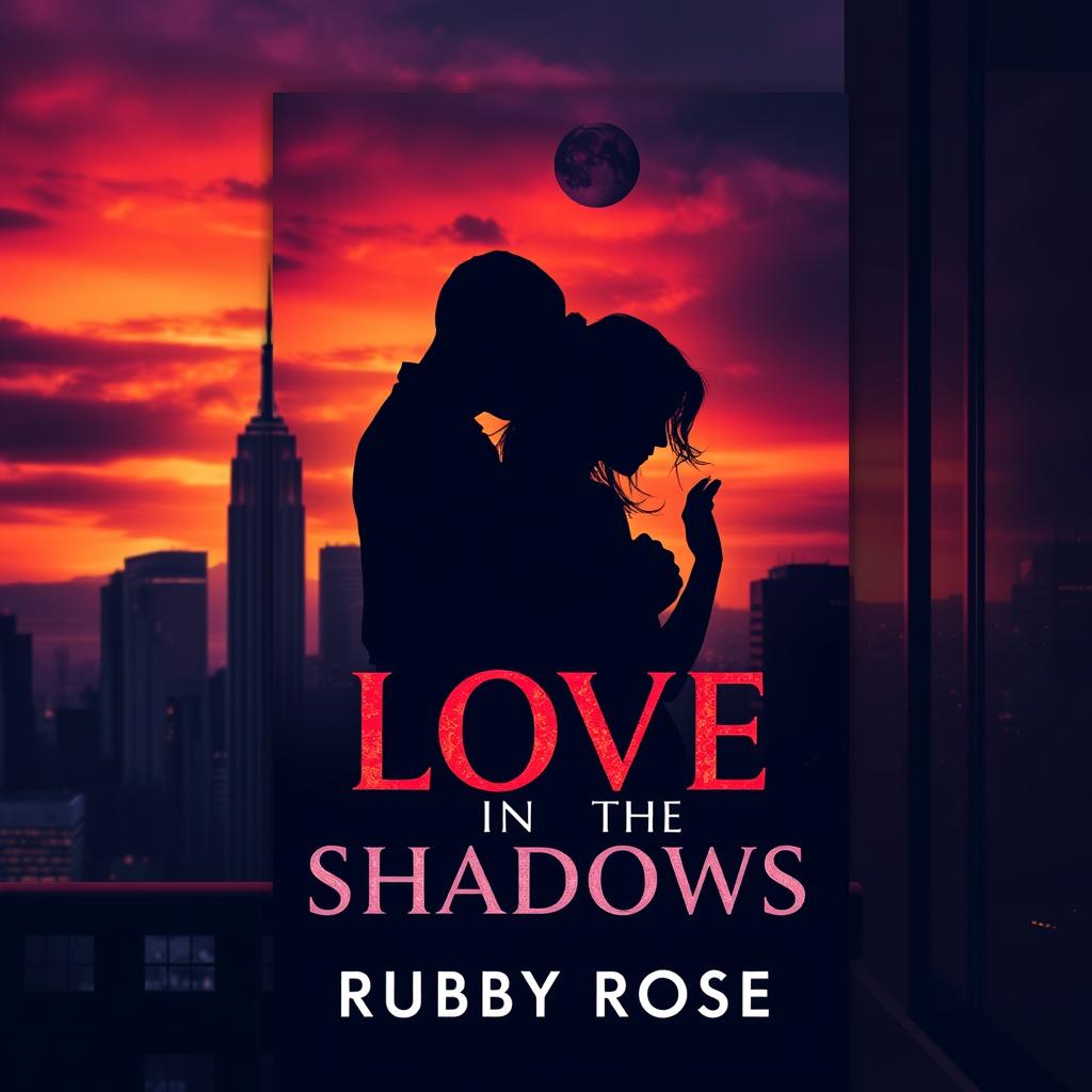 Design a moody book cover for "Love in the Shadows" by Ruby Rose, featuring the silhouette of a couple locked in a passionate embrace