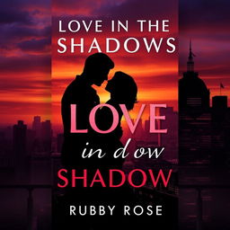 Design a moody book cover for "Love in the Shadows" by Ruby Rose, featuring the silhouette of a couple locked in a passionate embrace