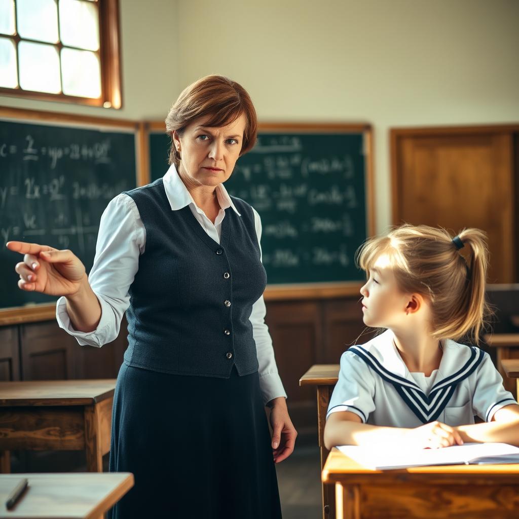 A strict female teacher in a traditional classroom setting, pointing at a chalkboard with mathematical equations, while a school girl in uniform listens intently, sitting at a desk