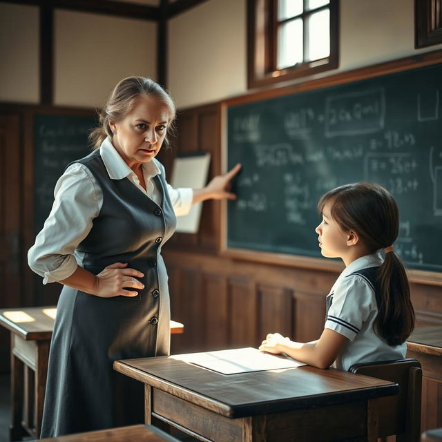 A strict female teacher in a traditional classroom setting, pointing at a chalkboard with mathematical equations, while a school girl in uniform listens intently, sitting at a desk