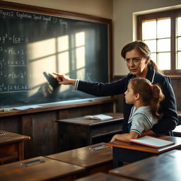 A strict female teacher in a traditional classroom setting, pointing at a chalkboard with mathematical equations, while a school girl in uniform listens intently, sitting at a desk