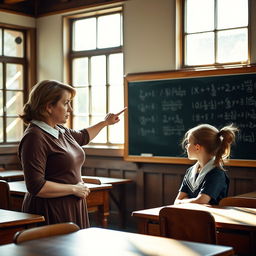 A strict female teacher in a traditional classroom setting, pointing at a chalkboard with mathematical equations, while a school girl in uniform listens intently, sitting at a desk