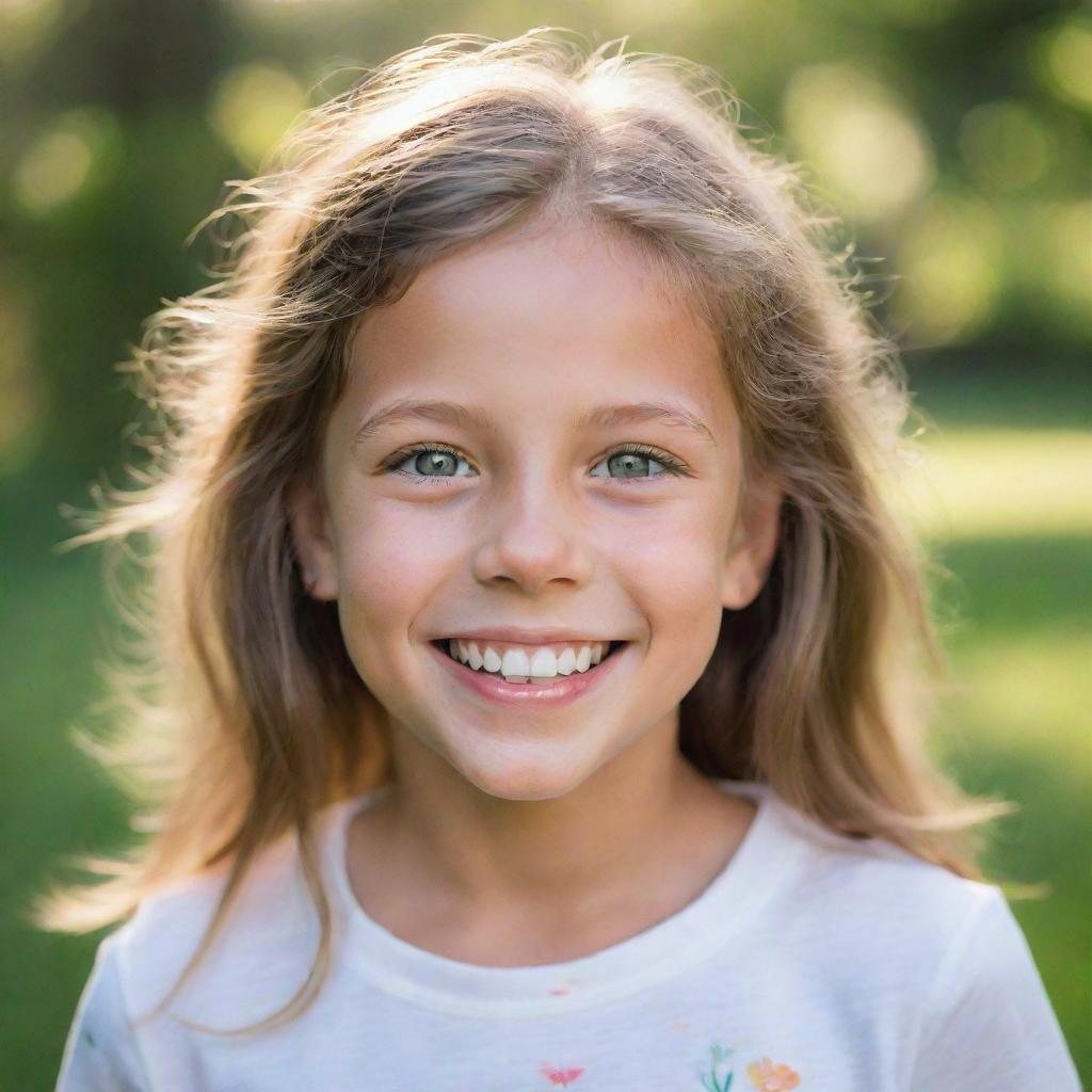 A portrait of a joyful girl with bright, sparkling eyes and a radiant smile, surrounded by a serene natural setting.