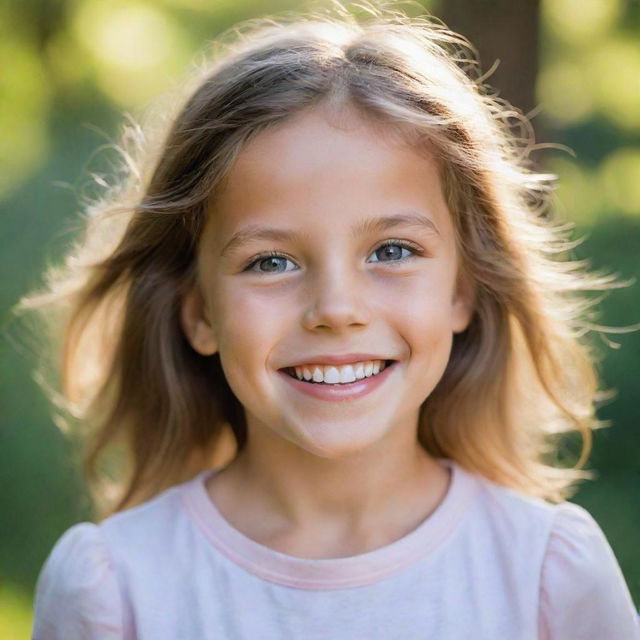 A portrait of a joyful girl with bright, sparkling eyes and a radiant smile, surrounded by a serene natural setting.