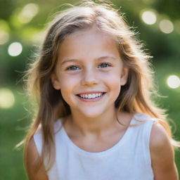 A portrait of a joyful girl with bright, sparkling eyes and a radiant smile, surrounded by a serene natural setting.