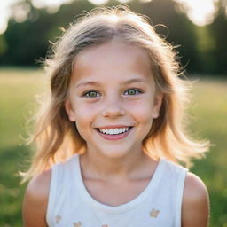 A portrait of a joyful girl with bright, sparkling eyes and a radiant smile, surrounded by a serene natural setting.