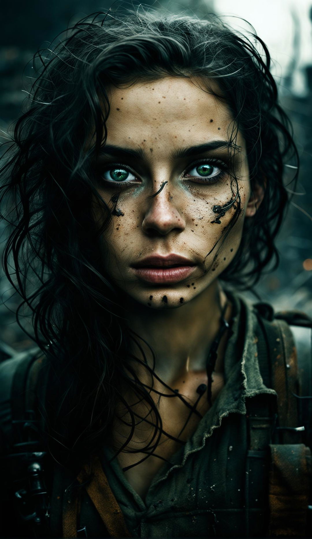 16k resolution photograph of a sad 23-year-old woman with natural green eyes featuring central heterochromia, and messy dark hair, set against a war-torn background. The image is low-lit and sharply focussed on her symmetrical face, reminiscent of James Nachtwey's photography.