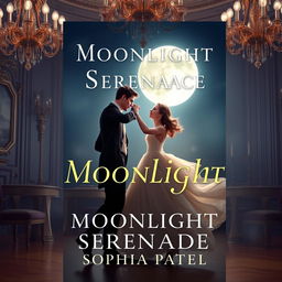 Design a dreamy book cover for "Moonlight Serenade" by Sophia Patel, featuring a romantic couple waltzing gracefully under a full moon