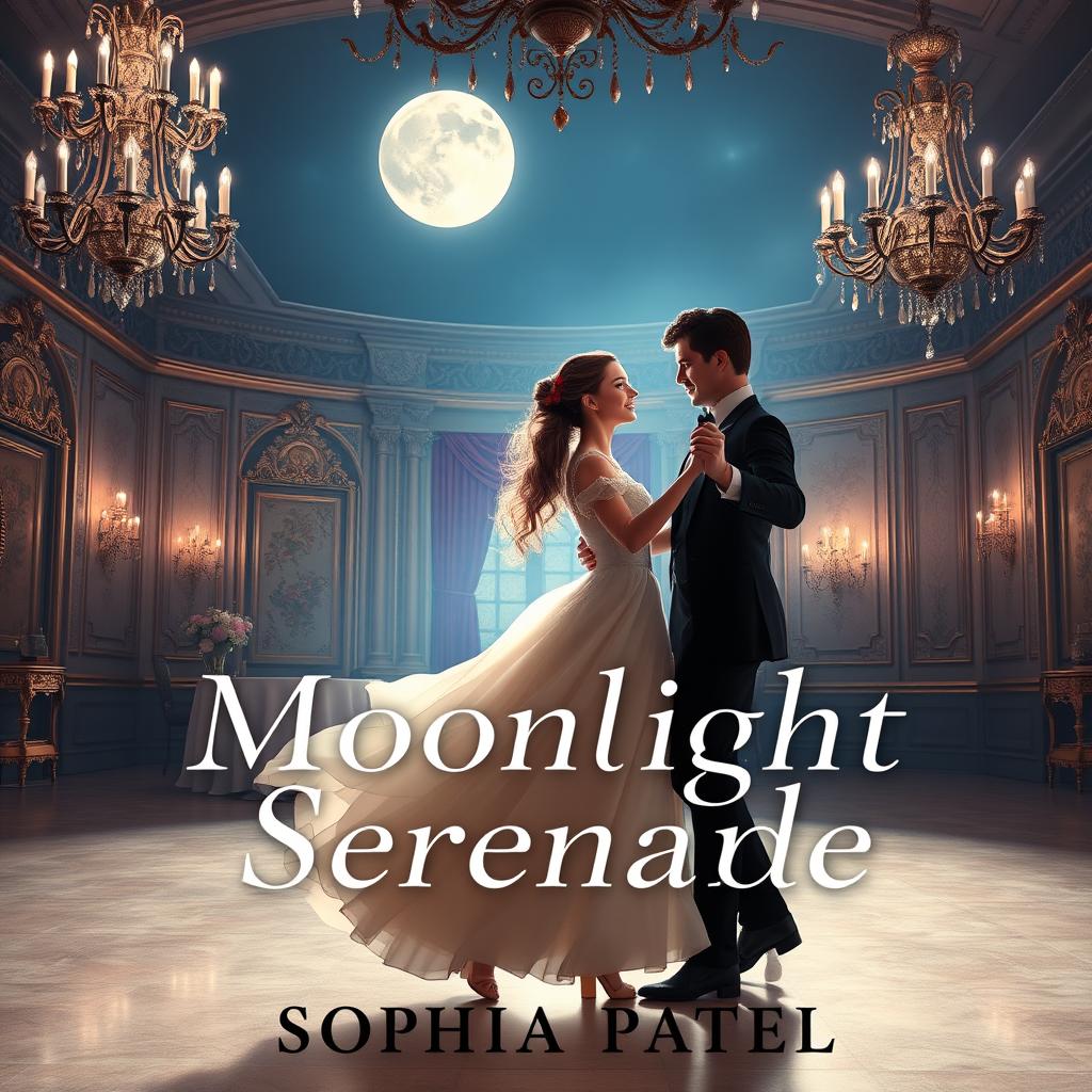 Design a dreamy book cover for "Moonlight Serenade" by Sophia Patel, featuring a romantic couple waltzing gracefully under a full moon