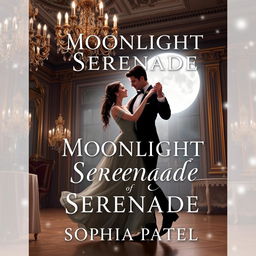 Design a dreamy book cover for "Moonlight Serenade" by Sophia Patel, featuring a romantic couple waltzing gracefully under a full moon