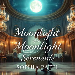 Design a dreamy book cover for "Moonlight Serenade" by Sophia Patel, featuring a romantic couple waltzing gracefully under a full moon