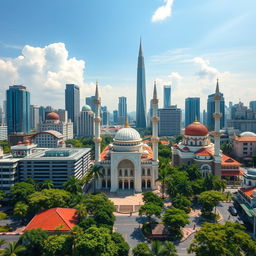 A vibrant cityscape showcasing architectural diversity with Muslim mosques as the focal point