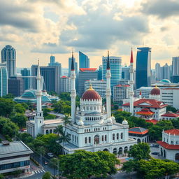 A vibrant cityscape showcasing architectural diversity with Muslim mosques as the focal point